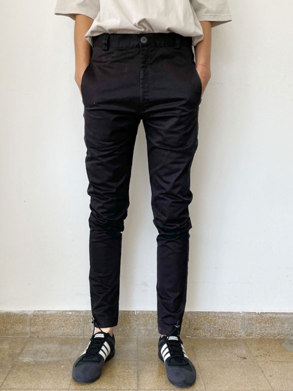 🧋Maya Bash Basic Black Chino Pants Tapered Skinny Raw Hem Unisex Size Small